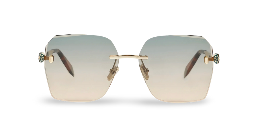 Goldene geometrische Sonnenbrille mit grünen Gläsern